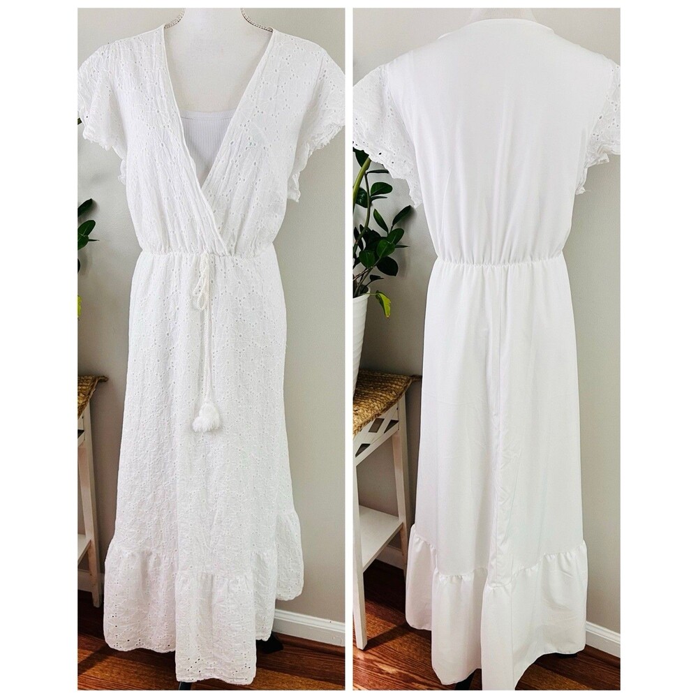 SHEIN White Maxi Dress Ruffle Flutter Sleeve Summer Beach Boho Flowy Plus 2XL
